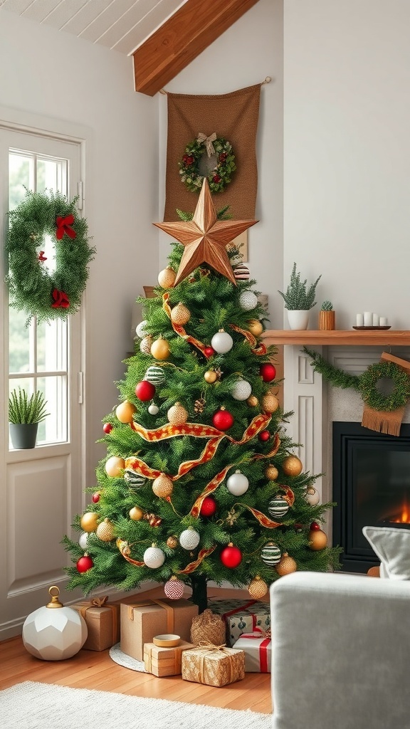 A beautifully decorated Christmas tree with a rustic wooden star topper, colorful ornaments, and presents underneath.