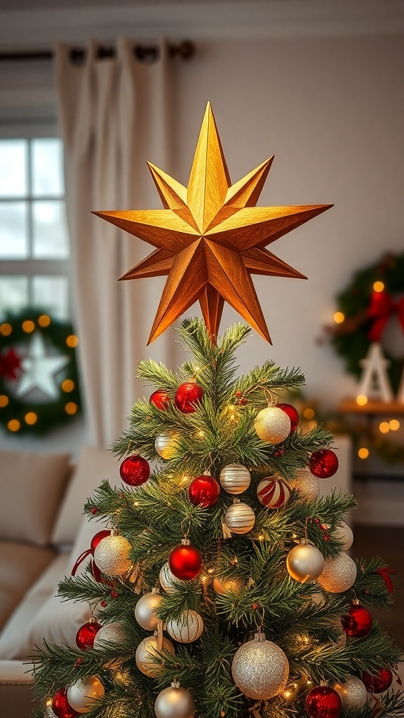 Rustic wooden star tree topper on a Christmas tree with red and gold ornaments.