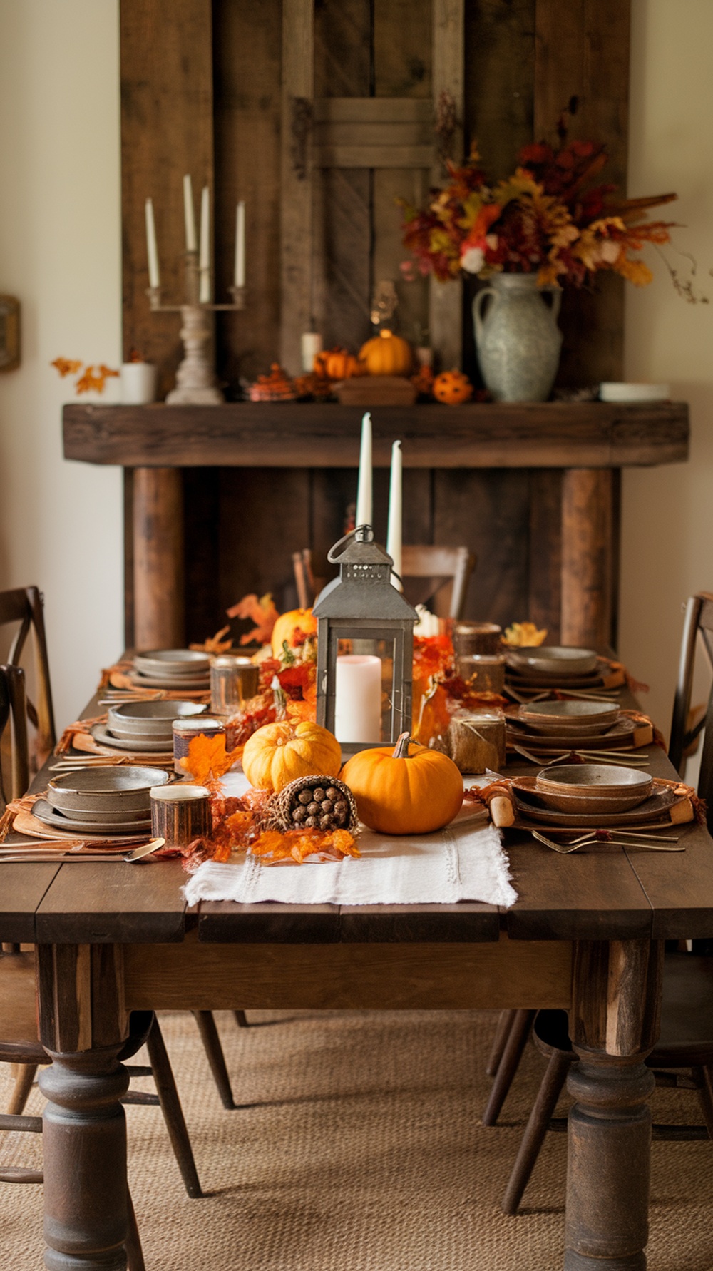 A rustic wooden table with raw edges, decorated for Thanksgiving with pumpkins, autumn leaves, and a lantern.