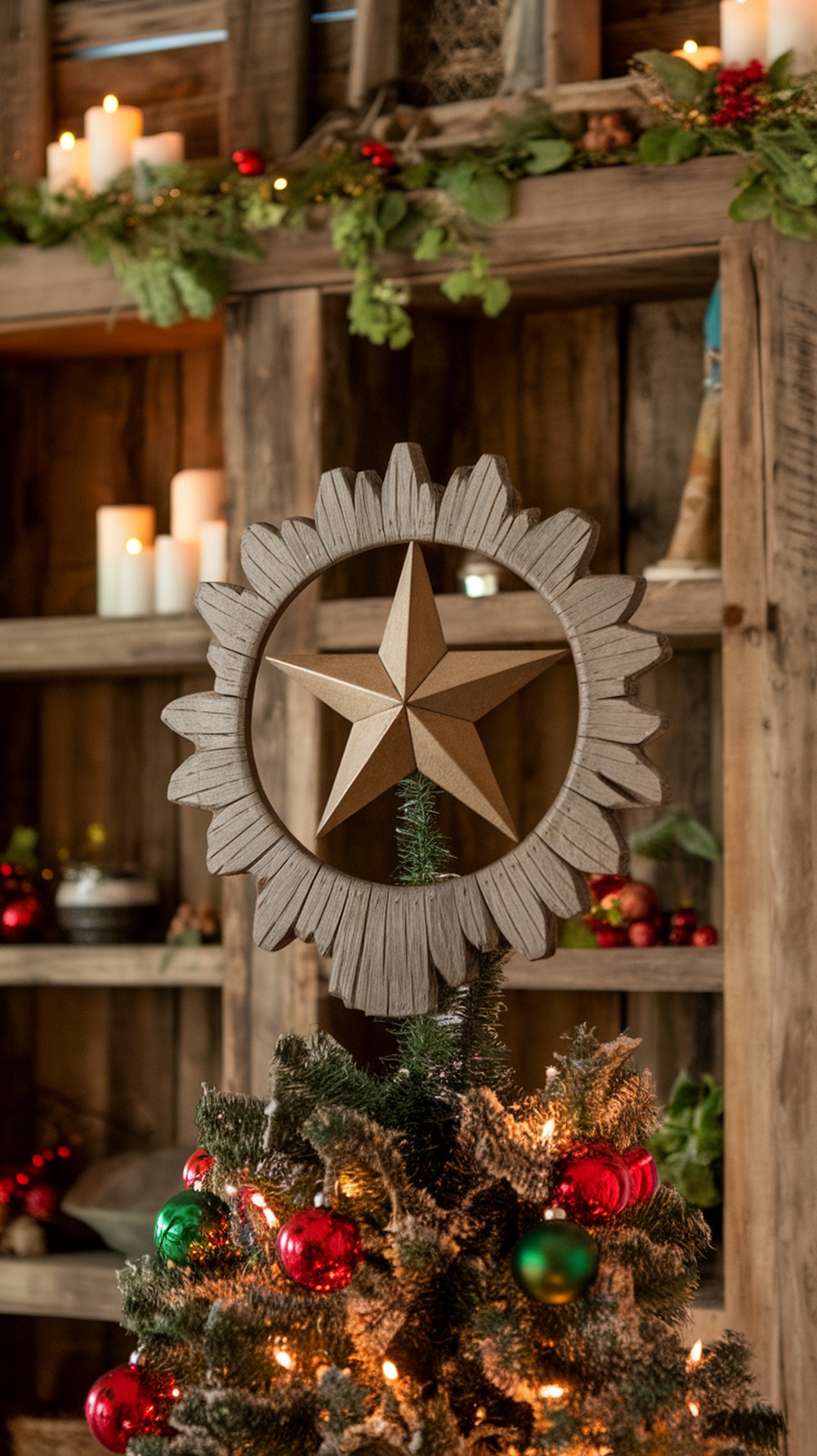 A rustic wooden star tree topper on a Christmas tree, surrounded by festive ornaments and a cozy background.