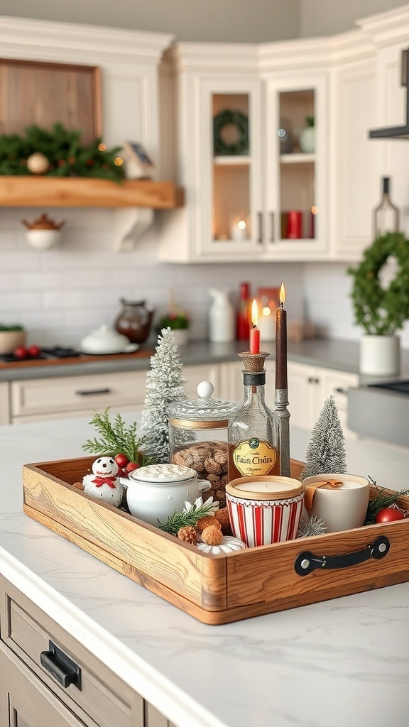 A rustic wooden tray filled with holiday treats, including cookies, festive mugs, and decorations, on a kitchen island.