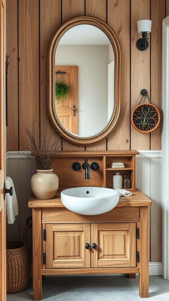 A rustic wooden vanity with a round basin, surrounded by natural decor in a cozy bathroom.