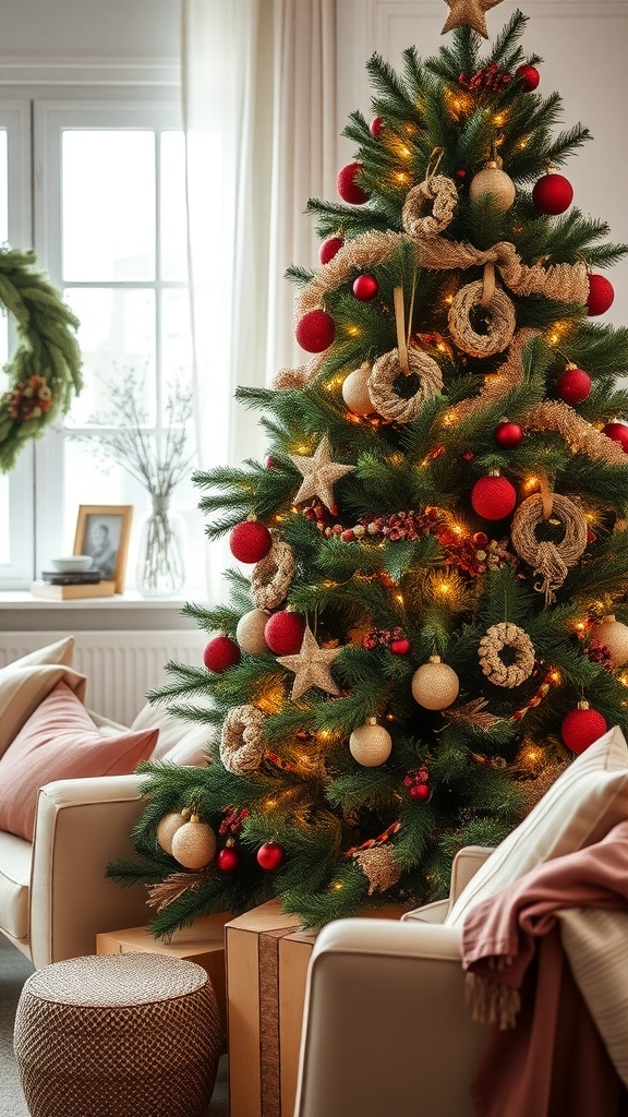 A beautifully decorated Christmas tree with rustic wreaths, ornaments, and warm lights, creating a cozy holiday atmosphere.