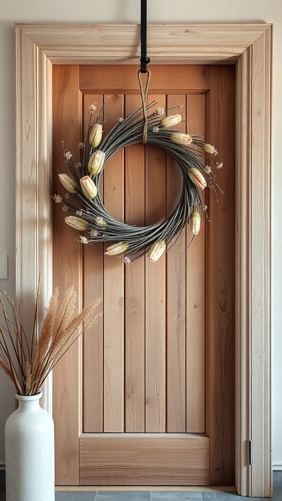 A rustic wreath made of twigs and dried flowers hanging on a wooden door.