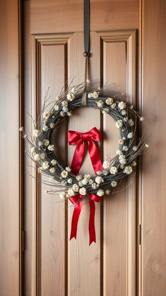 A rustic wreath made of twigs and dried flowers, featuring a red bow, hanging on a wooden door.