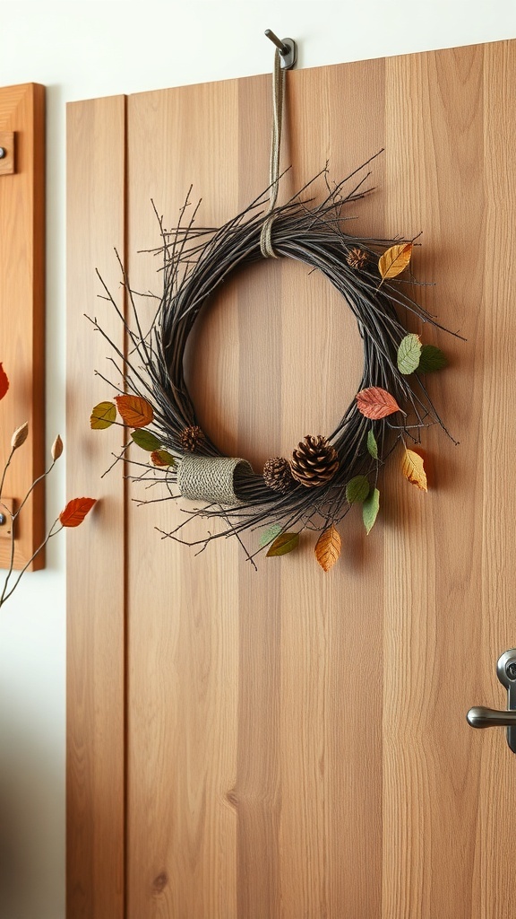 A rustic wreath made of twigs, pine cones, and colorful leaves hanging on a wooden door.