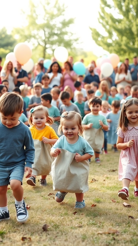 Children participating in a sack race, smiling and having fun outdoors.