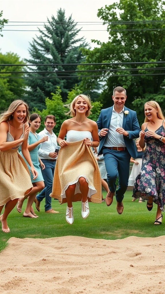 Guests participating in a sack race challenge at a backyard wedding, showcasing excitement and joy.