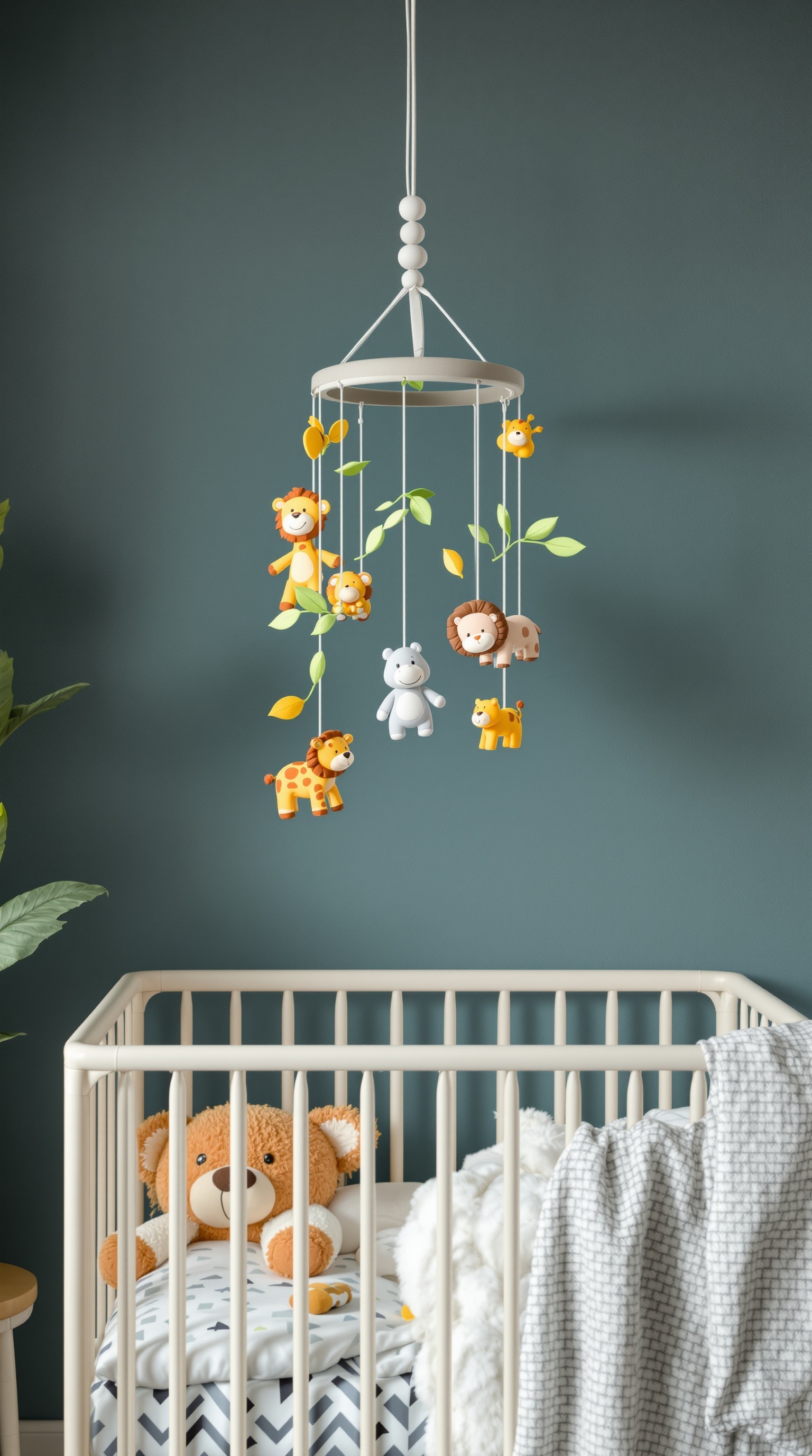 Safari-themed mobile with animal figures hanging over a crib