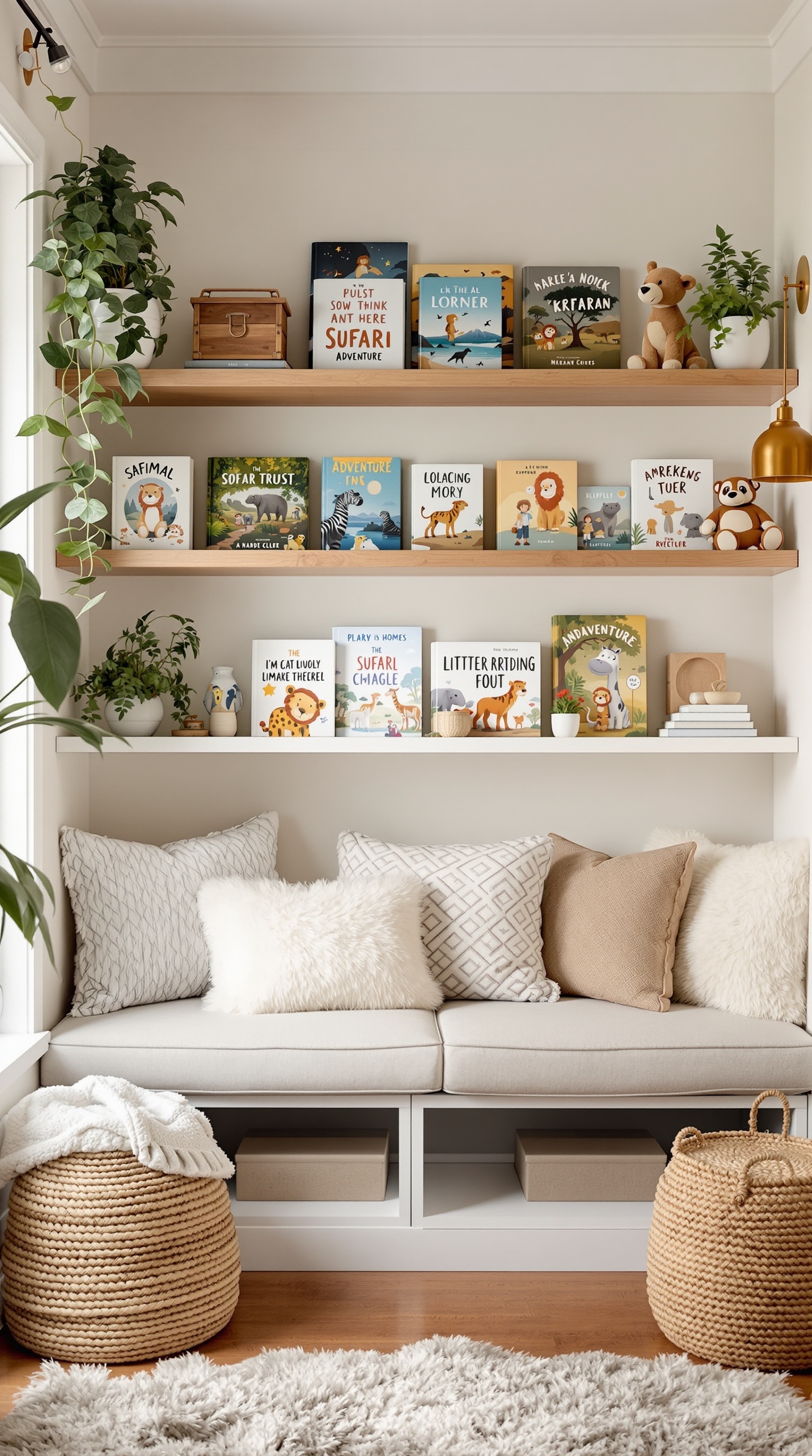 A cozy reading nook with shelves of colorful safari-themed storybooks, soft pillows, and stuffed animals.