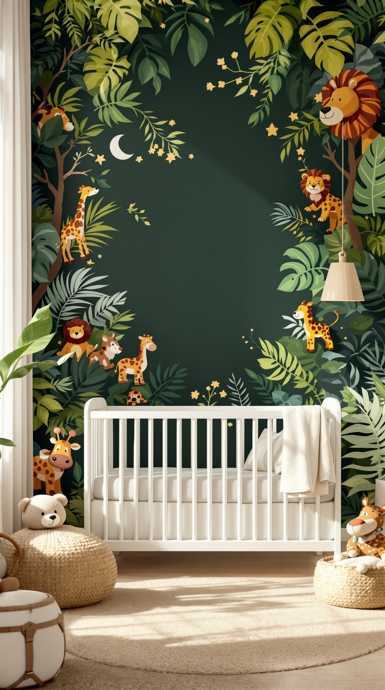 A baby room with a Safari Adventure theme featuring a green wall mural of animals and plants, a white crib, and cozy decor.