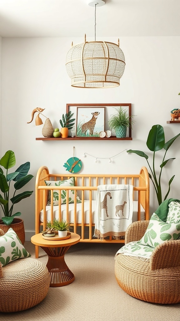 A cozy safari-themed nursery with a wooden crib, animal decor, and lush plants.