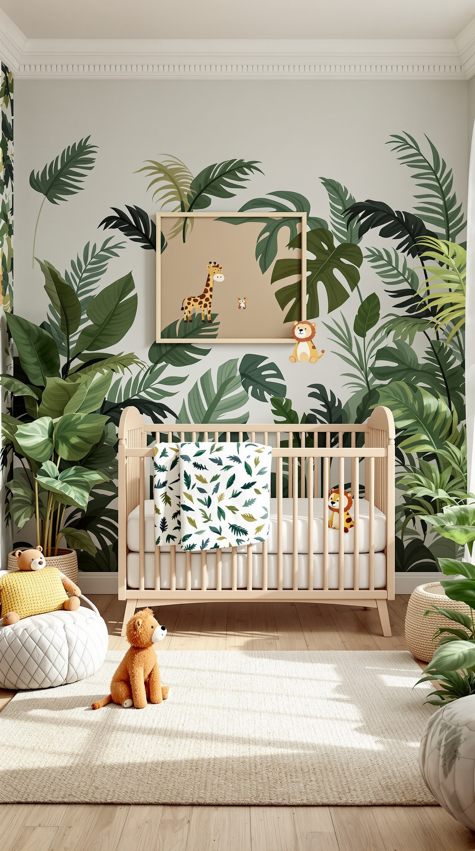 A baby boy's nursery with jungle-themed decor, featuring a crib, plush toys, and leafy wallpaper.