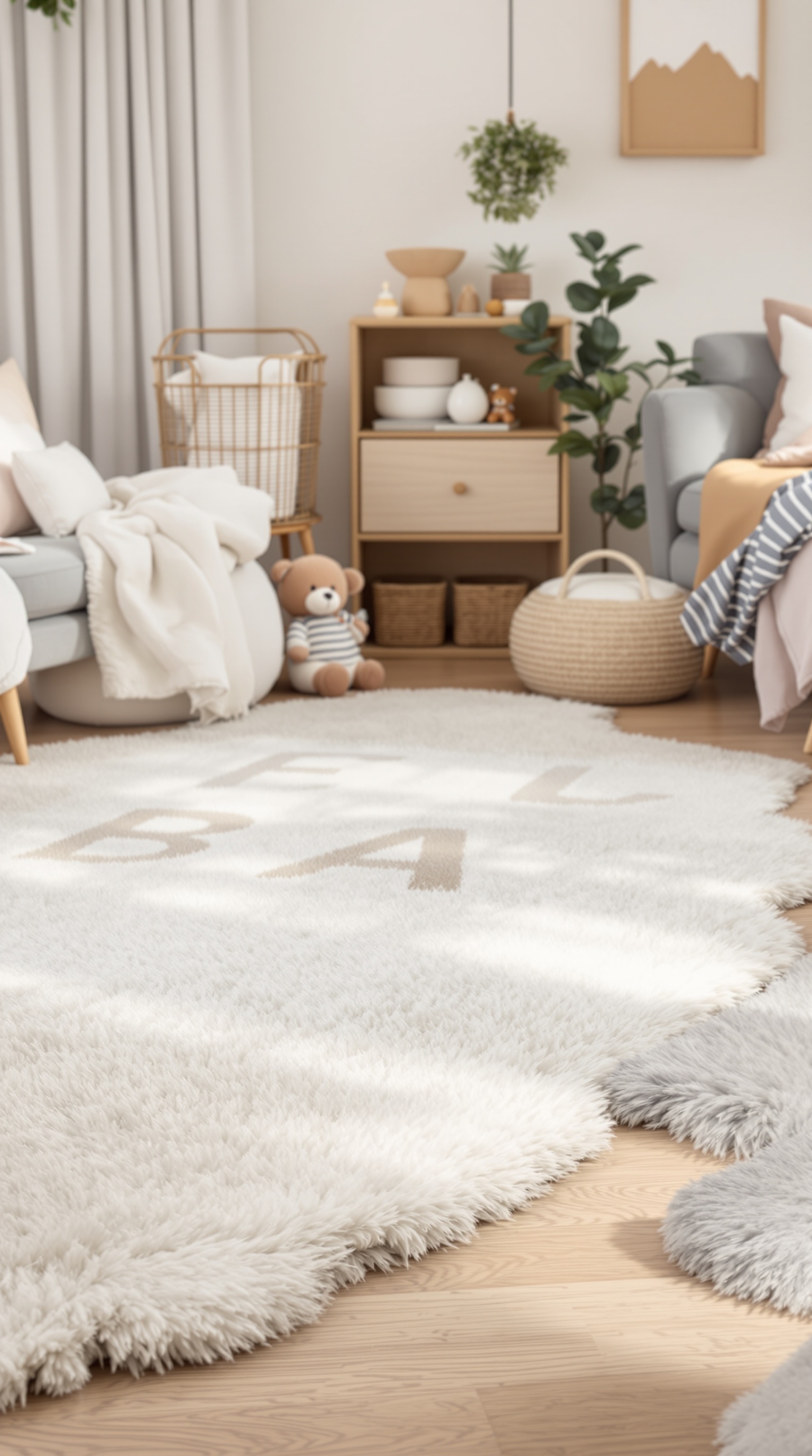 A cozy baby room featuring soft rugs, a comfortable chair, and a warm atmosphere.