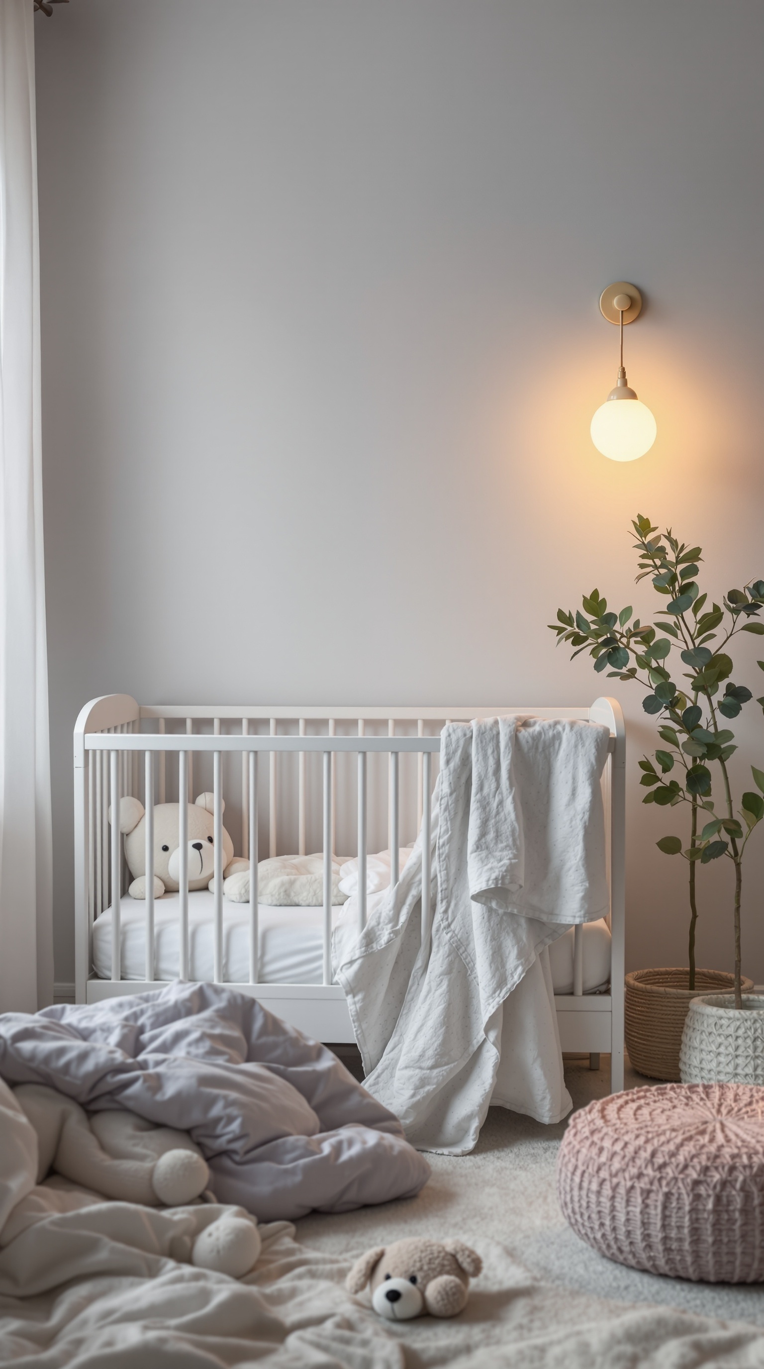 A cozy toddler room featuring a crib, soft blankets, plush toys, and gentle lighting.