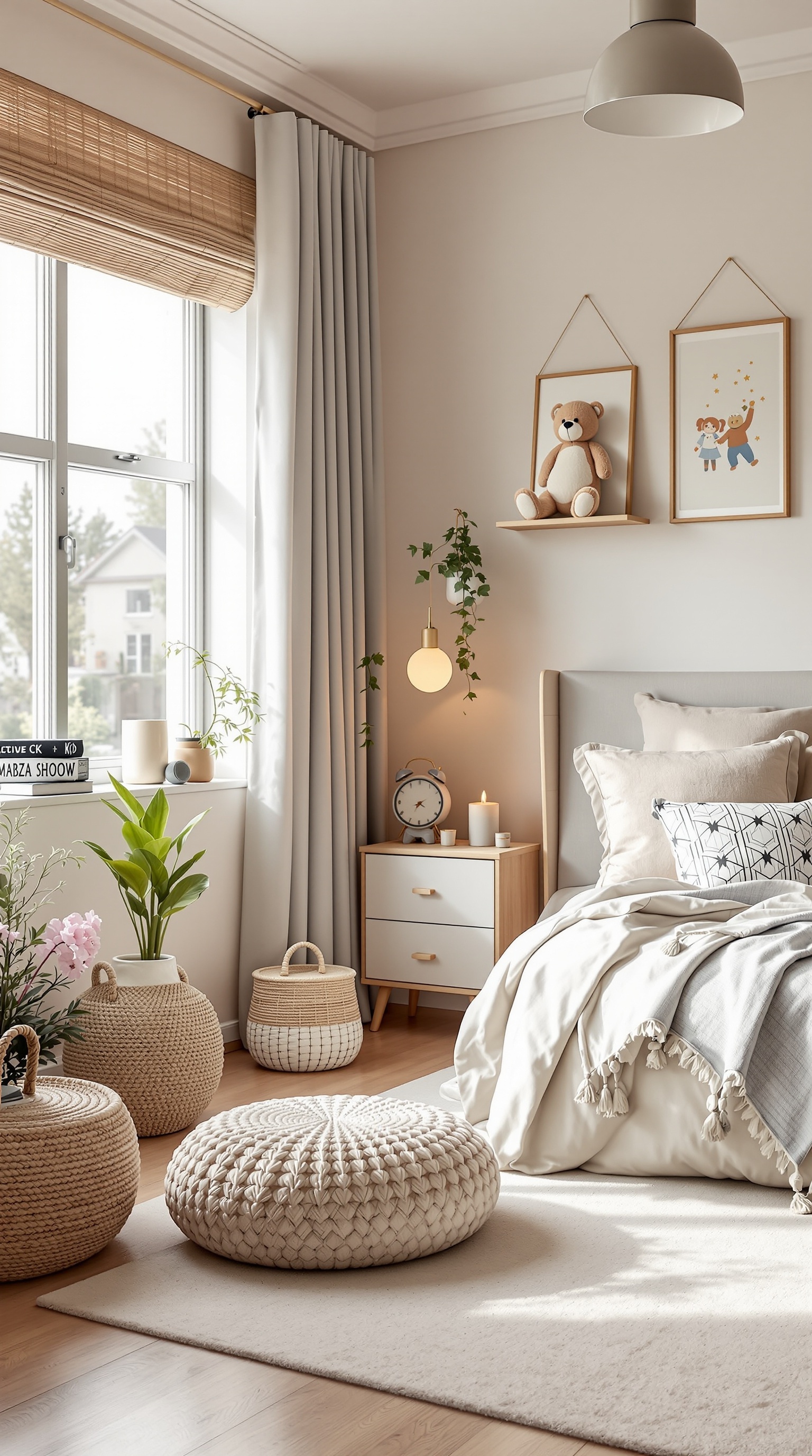 A cozy shared kids bedroom featuring soft colors, a pouf, plants, and warm lighting.