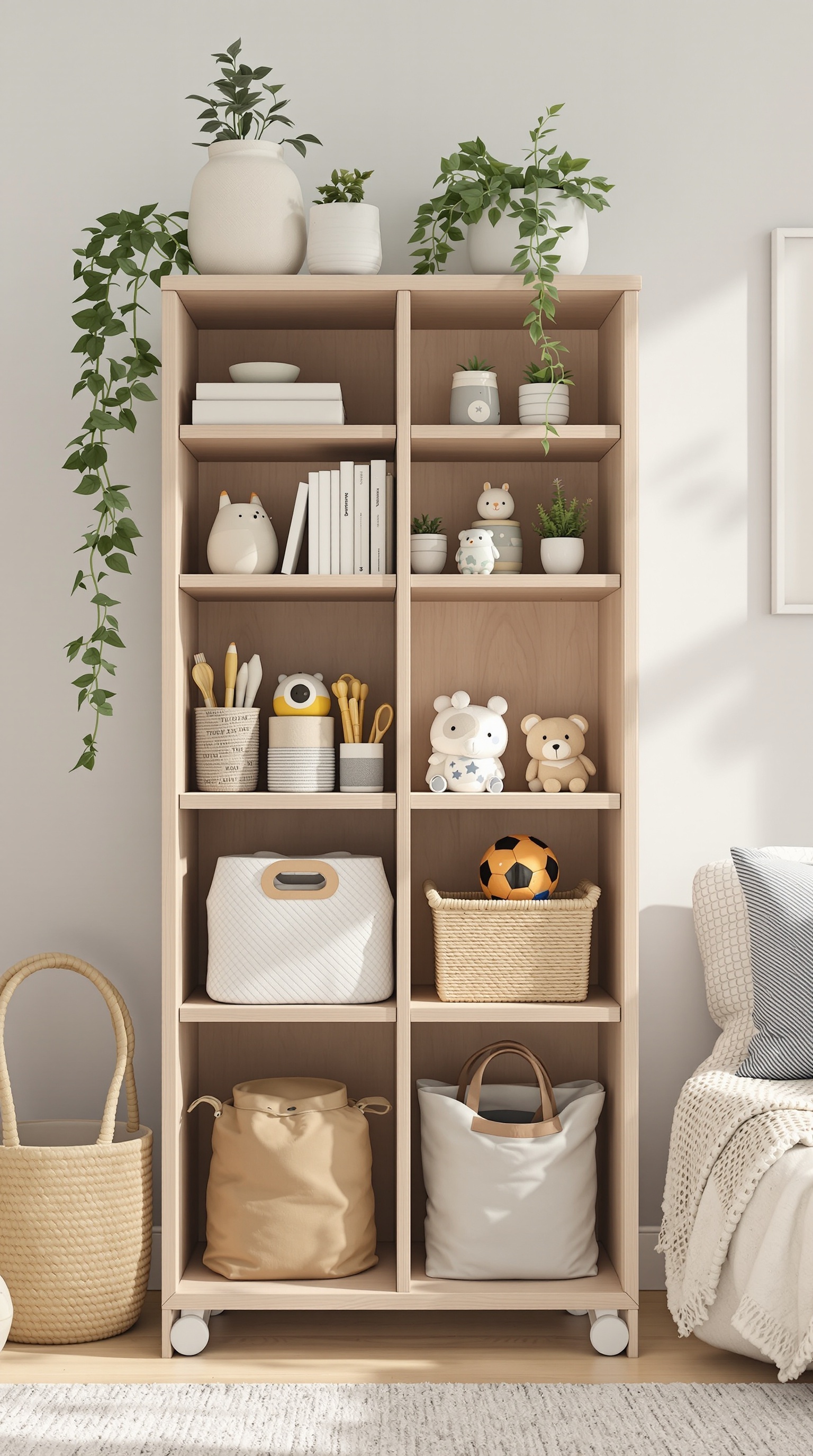 A toy shelf filled with various toys, plants, and storage baskets, showcasing a safe and organized design.