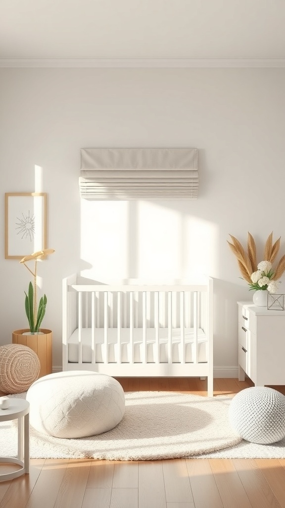 A cozy small nursery with a crib, soft rugs, and decorative plants.