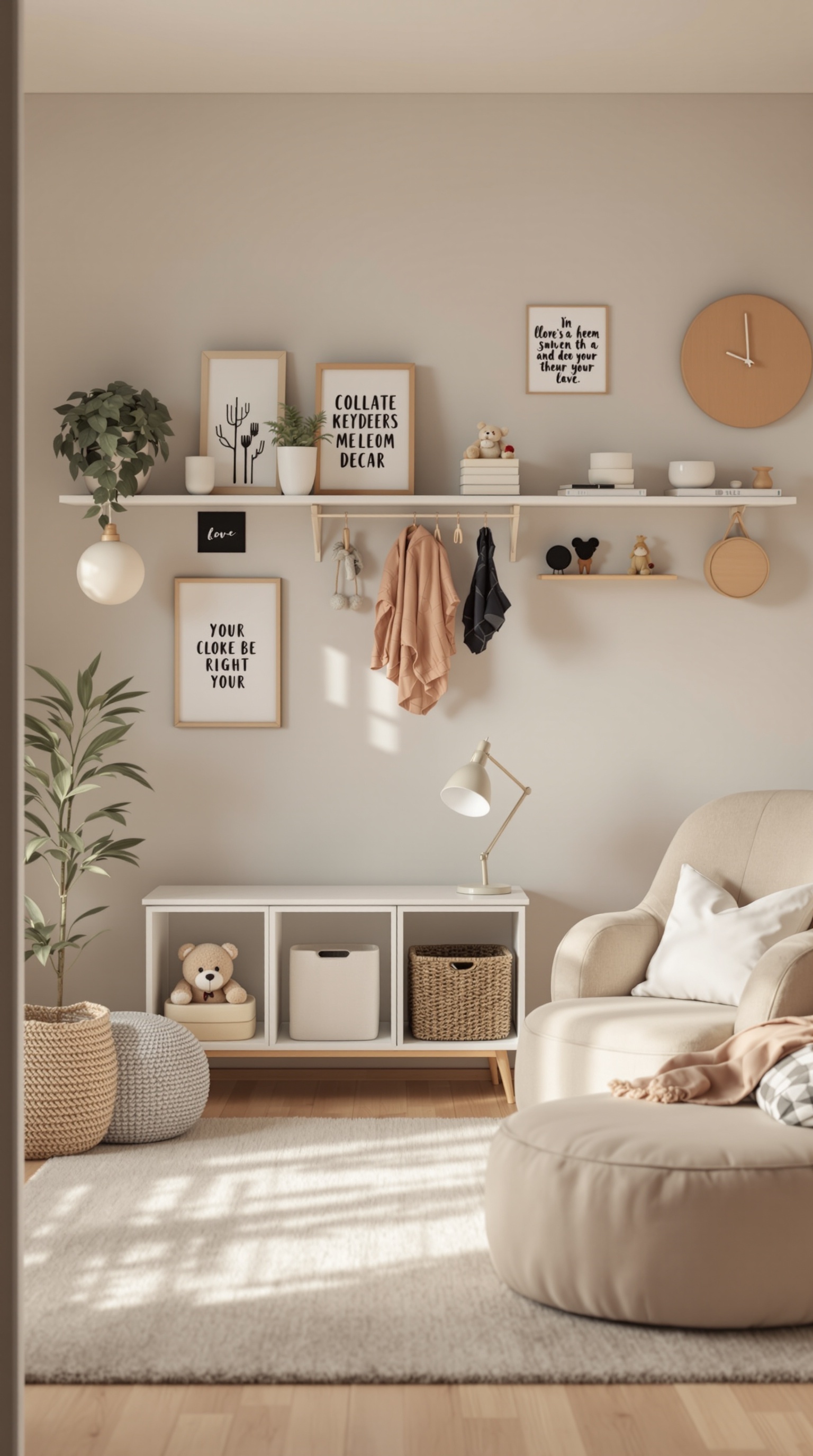 A well-organized toddler room with soft furnishings and secure storage solutions.