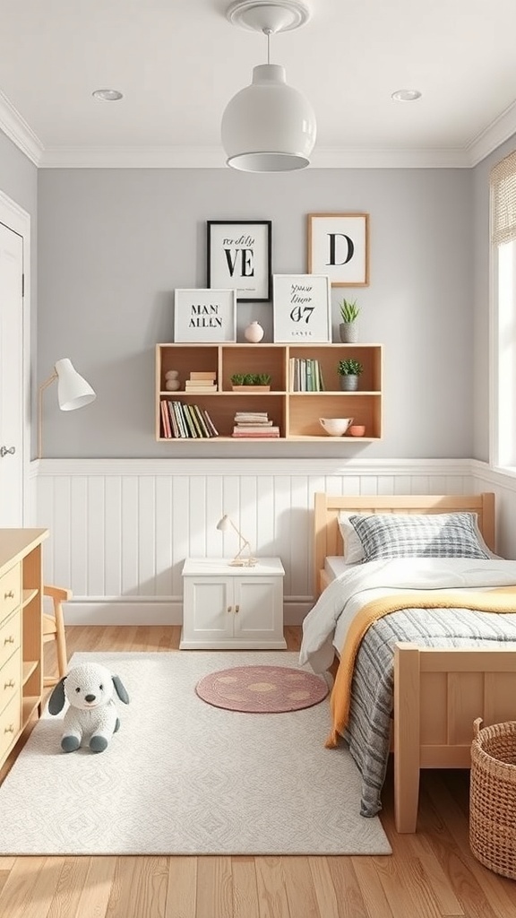 A small shared kids bedroom with two beds, a soft rug, and playful decorations.