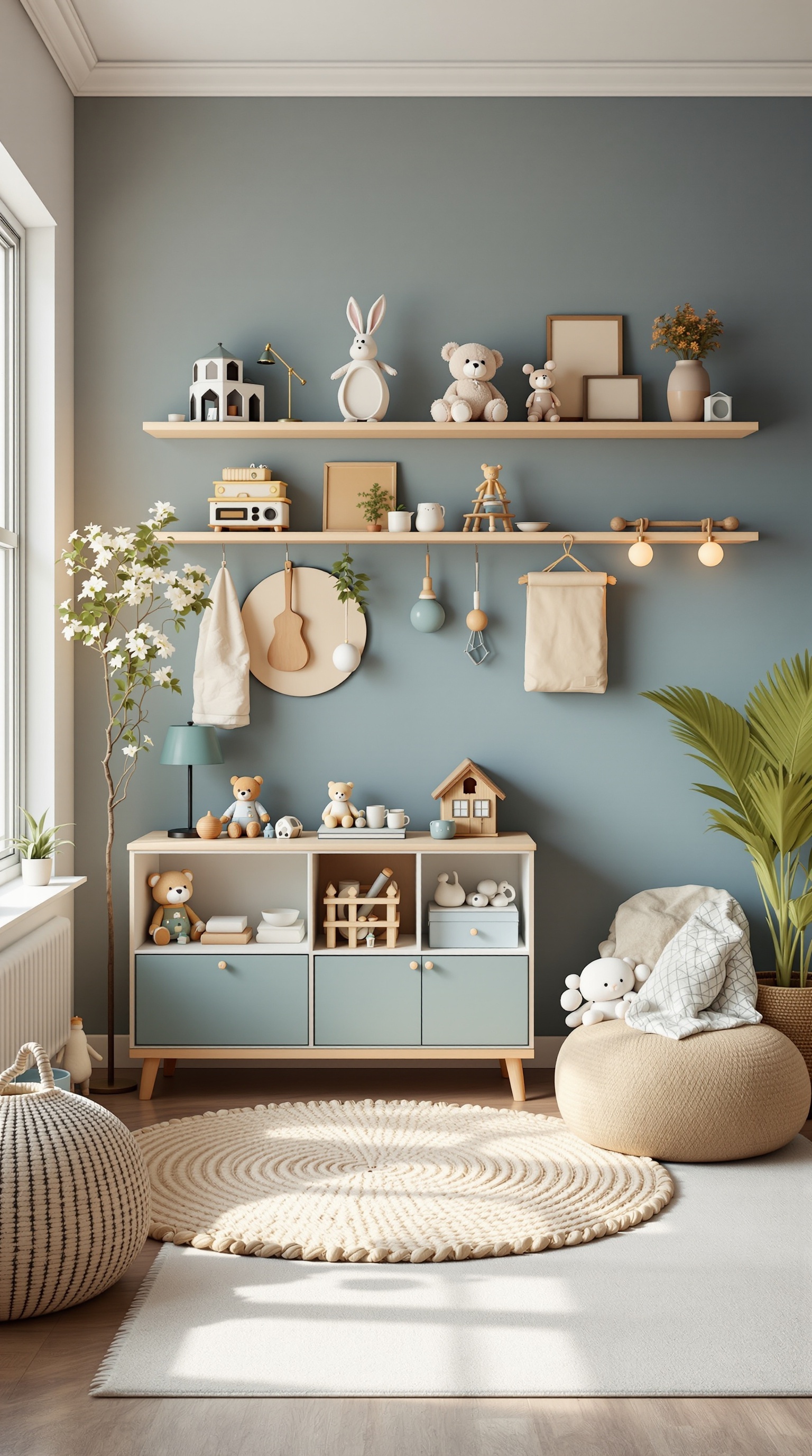 A cozy toddler room featuring soft colors, rounded furniture, and playful decor.