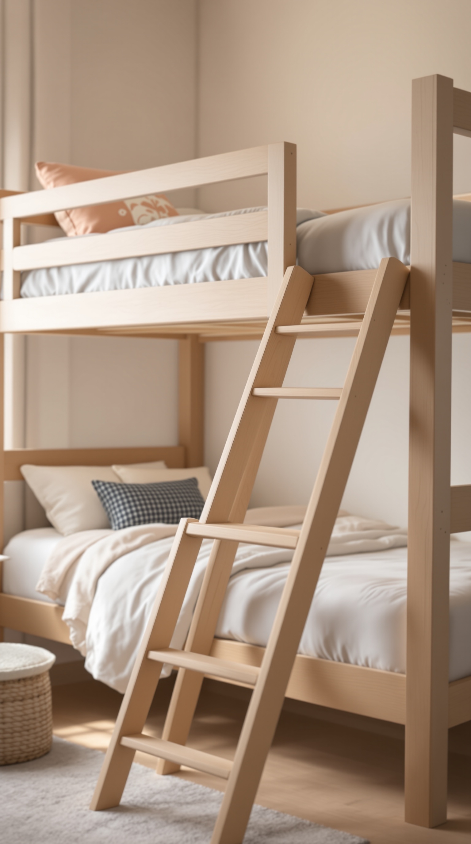 A wooden bunk bed with a ladder and cozy bedding