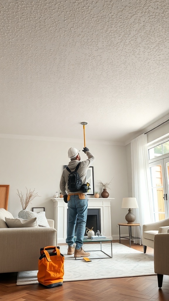 Person preparing to cover a popcorn ceiling with safety gear on