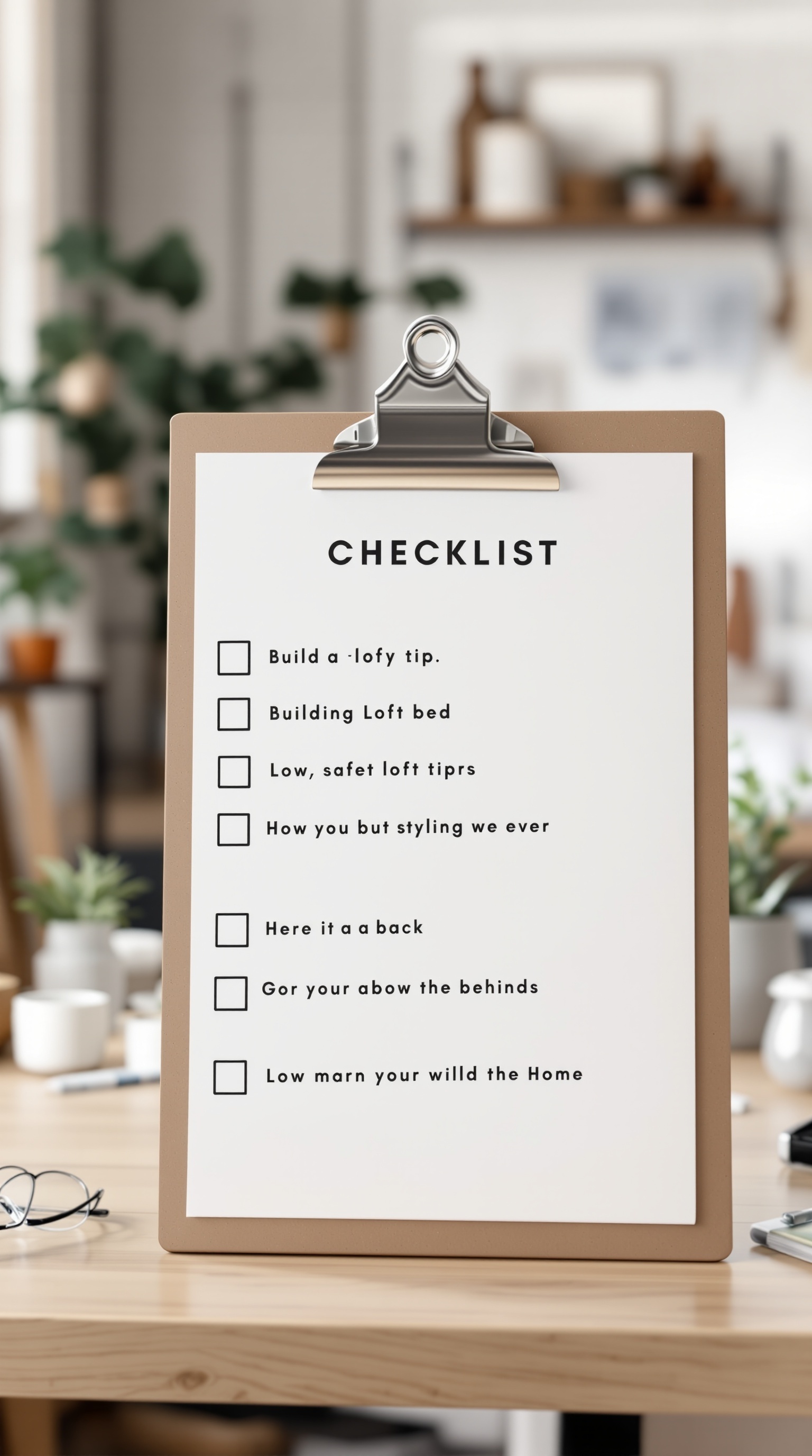 A checklist for building a DIY loft bed, with items related to safety and construction.