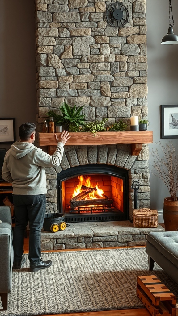 A person standing in front of a rustic stone fireplace with a fire burning inside.