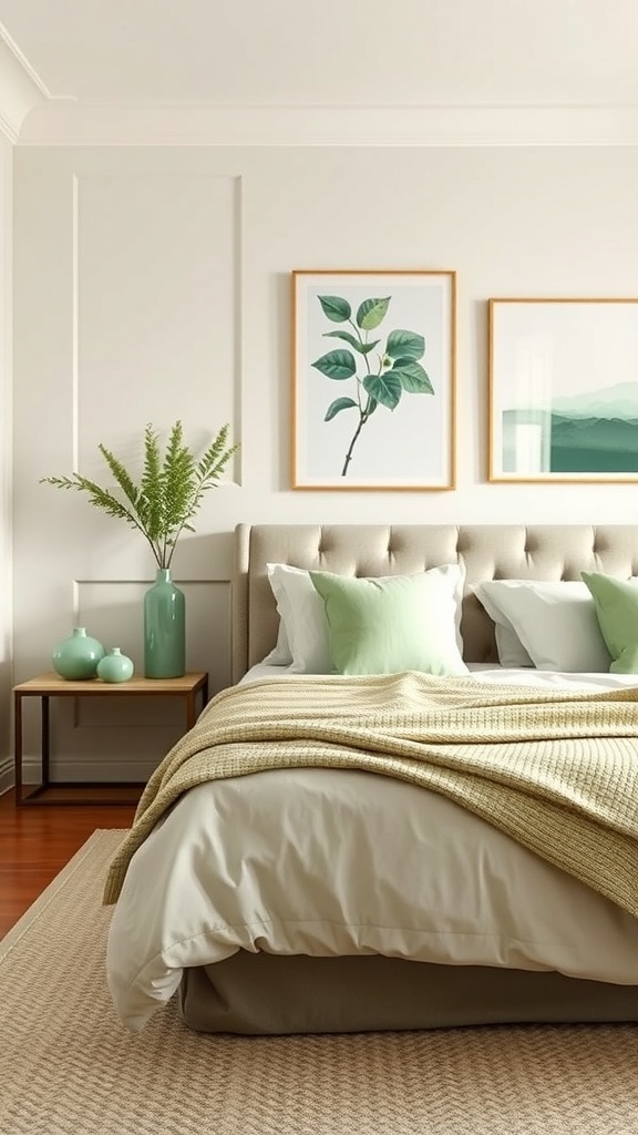 A serene bedroom featuring sage green accents, neutral bedding, and botanical artwork.