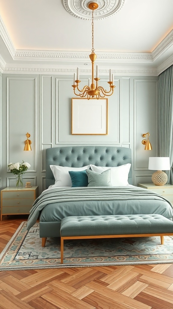 A stylish bedroom featuring sage green walls, gold accents, and elegant furniture.
