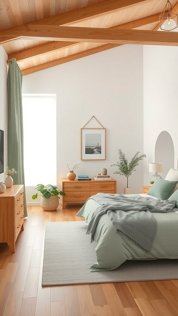A serene bedroom featuring sage green bedding and natural wood furniture, with wooden beams on the ceiling and a potted plant.