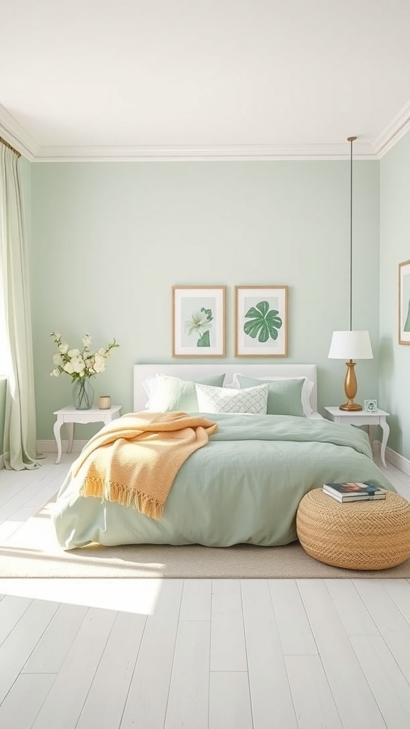 A serene bedroom featuring sage green walls, white bedding, and natural decor elements.
