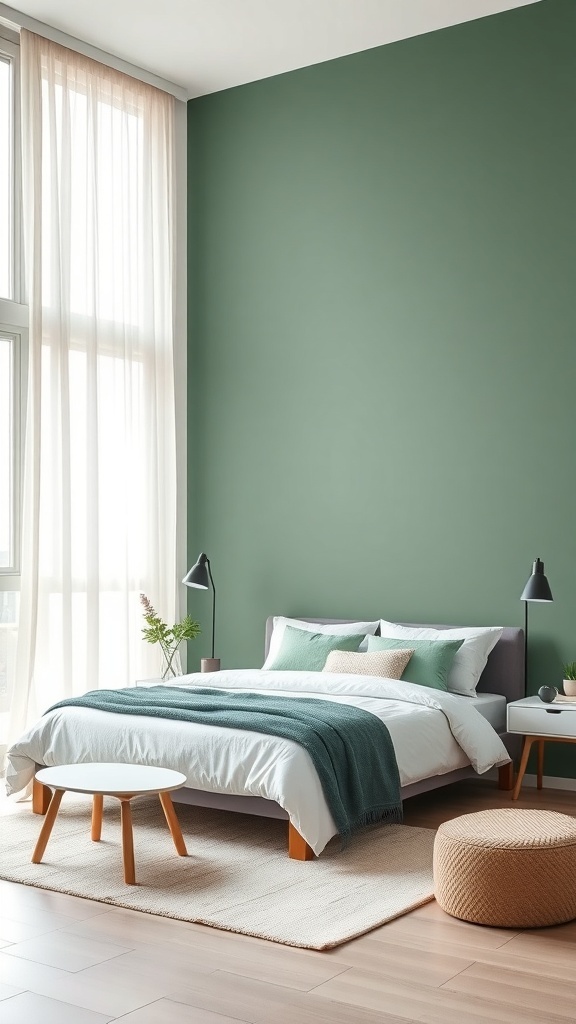 A serene bedroom featuring a sage green accent wall, white bedding, and natural light.