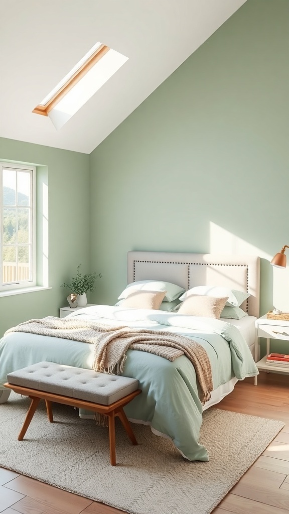 A serene bedroom featuring sage green walls, light bedding, and natural light.