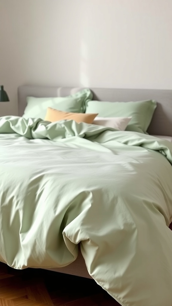 A cozy bed with a sage green duvet cover and accent pillows.