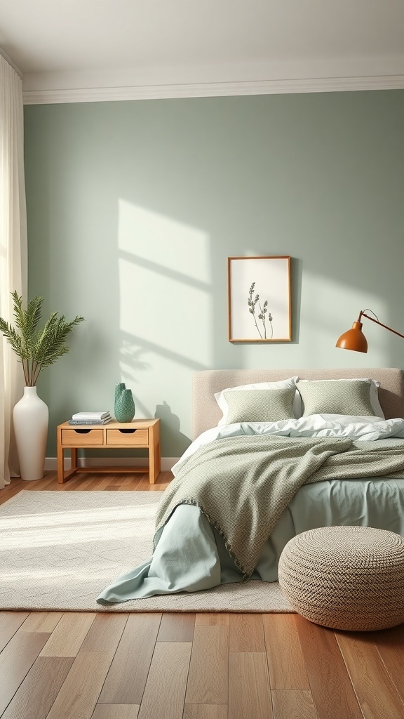 A serene bedroom featuring sage green walls, cozy bedding, and natural elements.