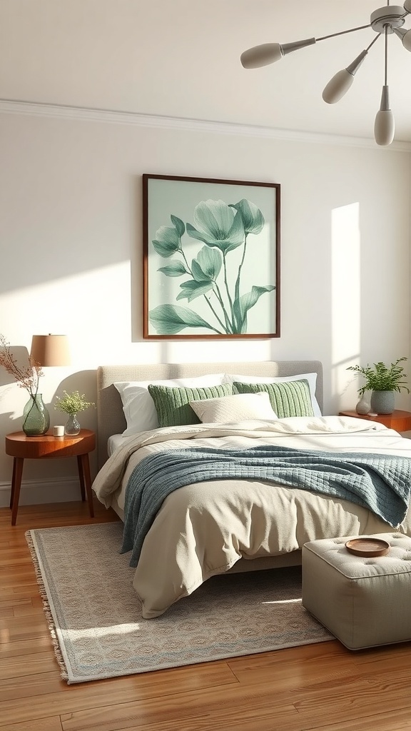 A cozy bedroom featuring sage green artwork with leaves, neutral bedding, and wooden furniture.