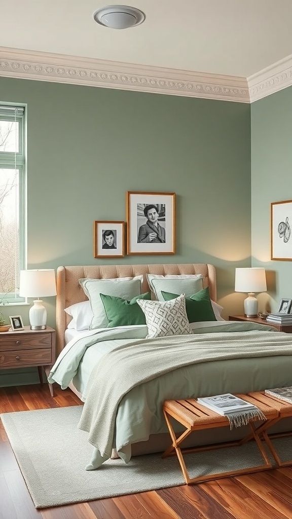 A cozy bedroom featuring sage green bedding, pillows, and wall decor.