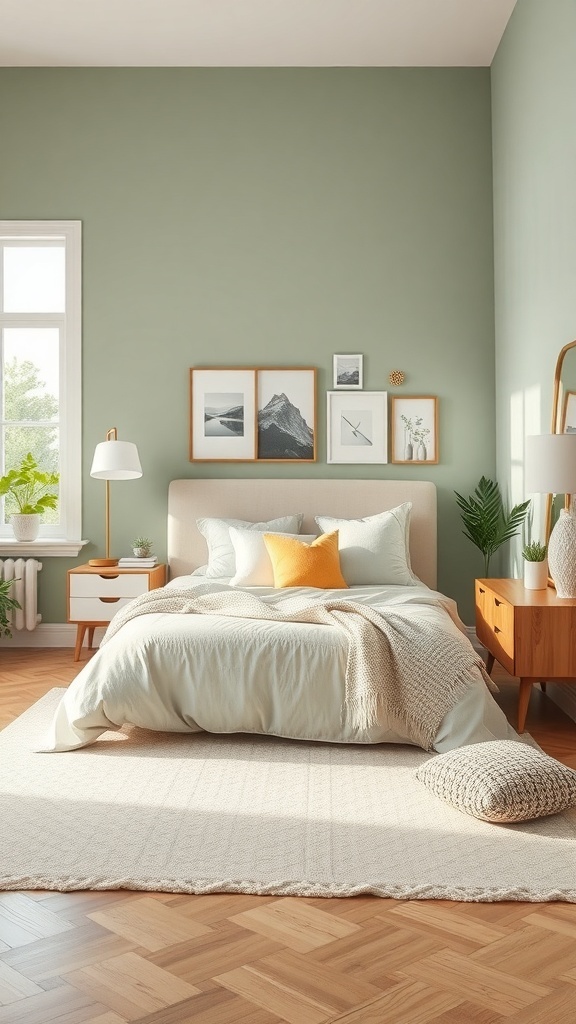 A cozy bedroom with sage green walls, a bed with light linens, wooden furniture, and plants.