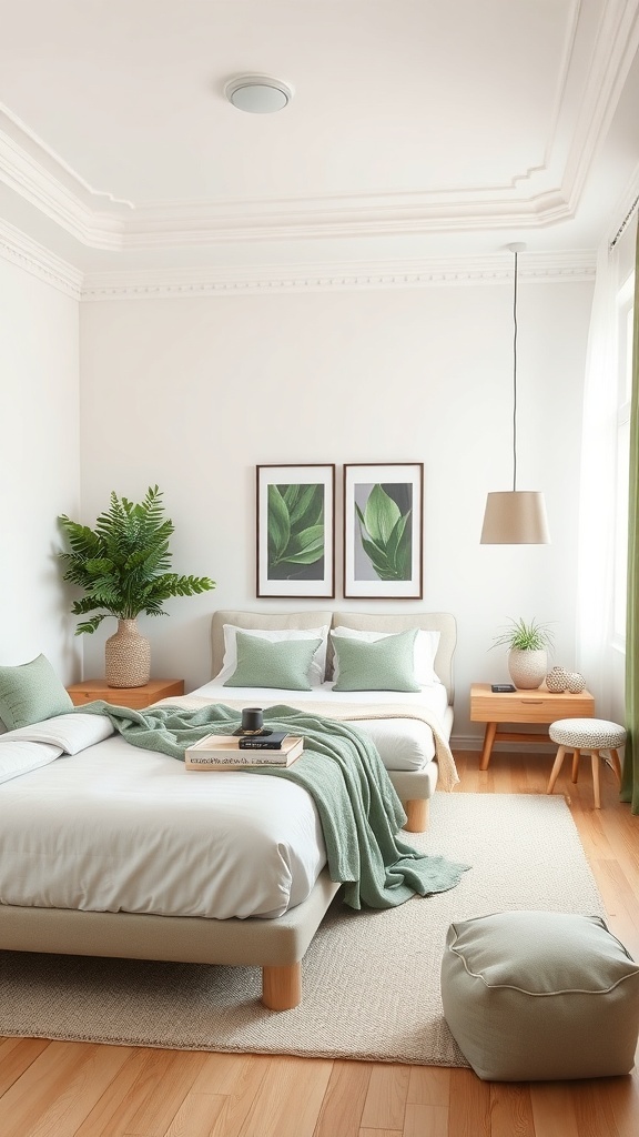A minimalist bedroom featuring sage green decor, natural wood furniture, and botanical prints.