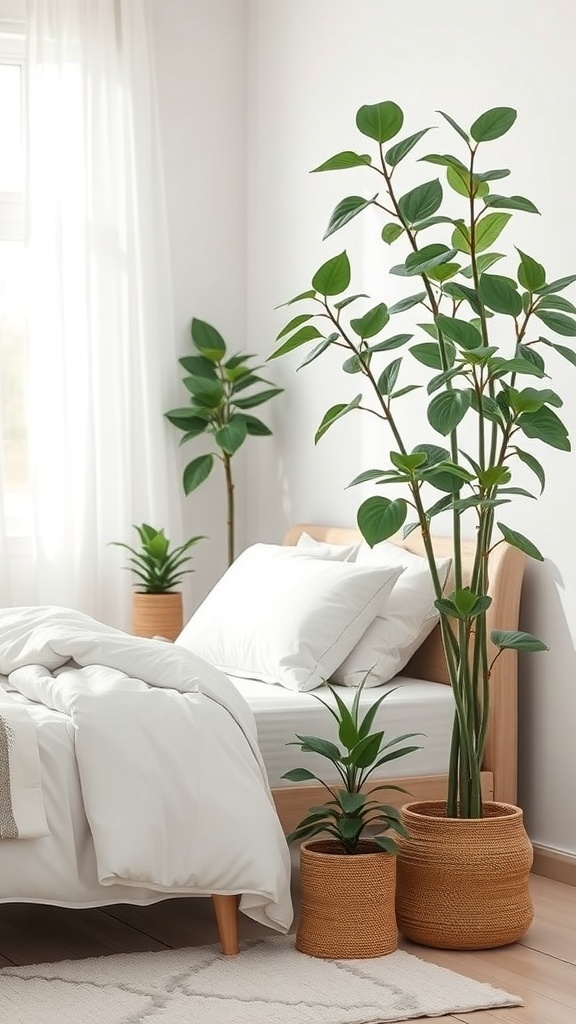 A bright bedroom featuring sage green plants beside a bed with white bedding.