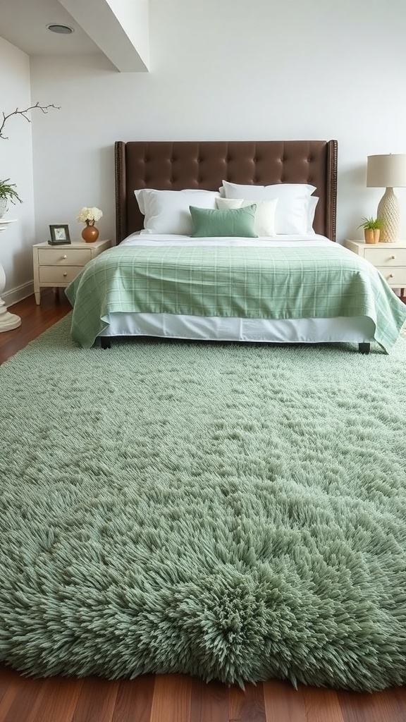 A cozy bedroom featuring a sage green plush rug, a brown tufted headboard, and light bedding.