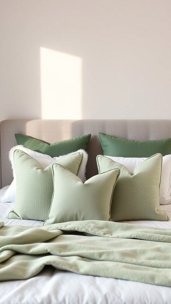 A cozy bed with sage green throw pillows and a soft blanket.