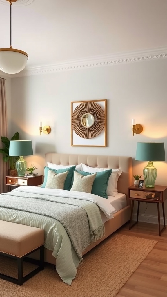 A cozy bedroom featuring sage green lighting fixtures, a beige bed with decorative pillows, and a warm atmosphere.