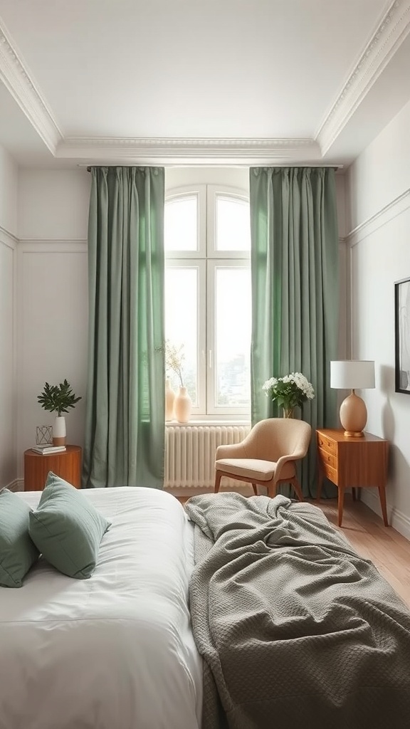 A cozy bedroom featuring sage green curtains, a neatly made bed with sage pillows, and wooden furniture.