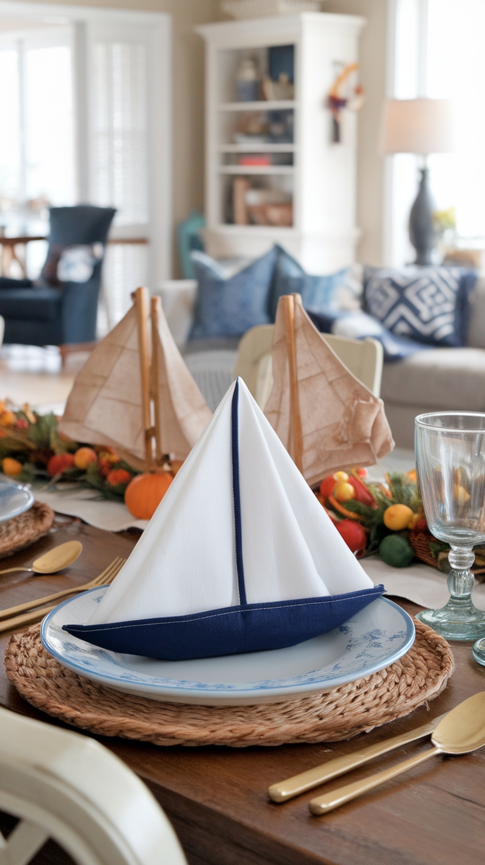 A beautifully folded sailboat napkin on a plate, set on a Thanksgiving table with autumn decorations.