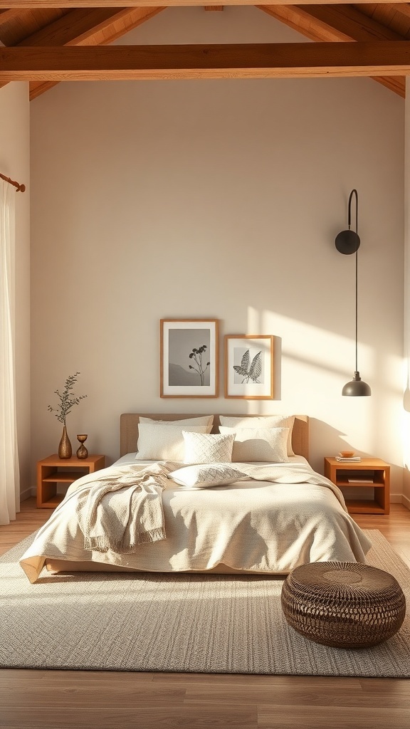 A calming bedroom with sand beige walls, wooden beams, and cozy bedding.