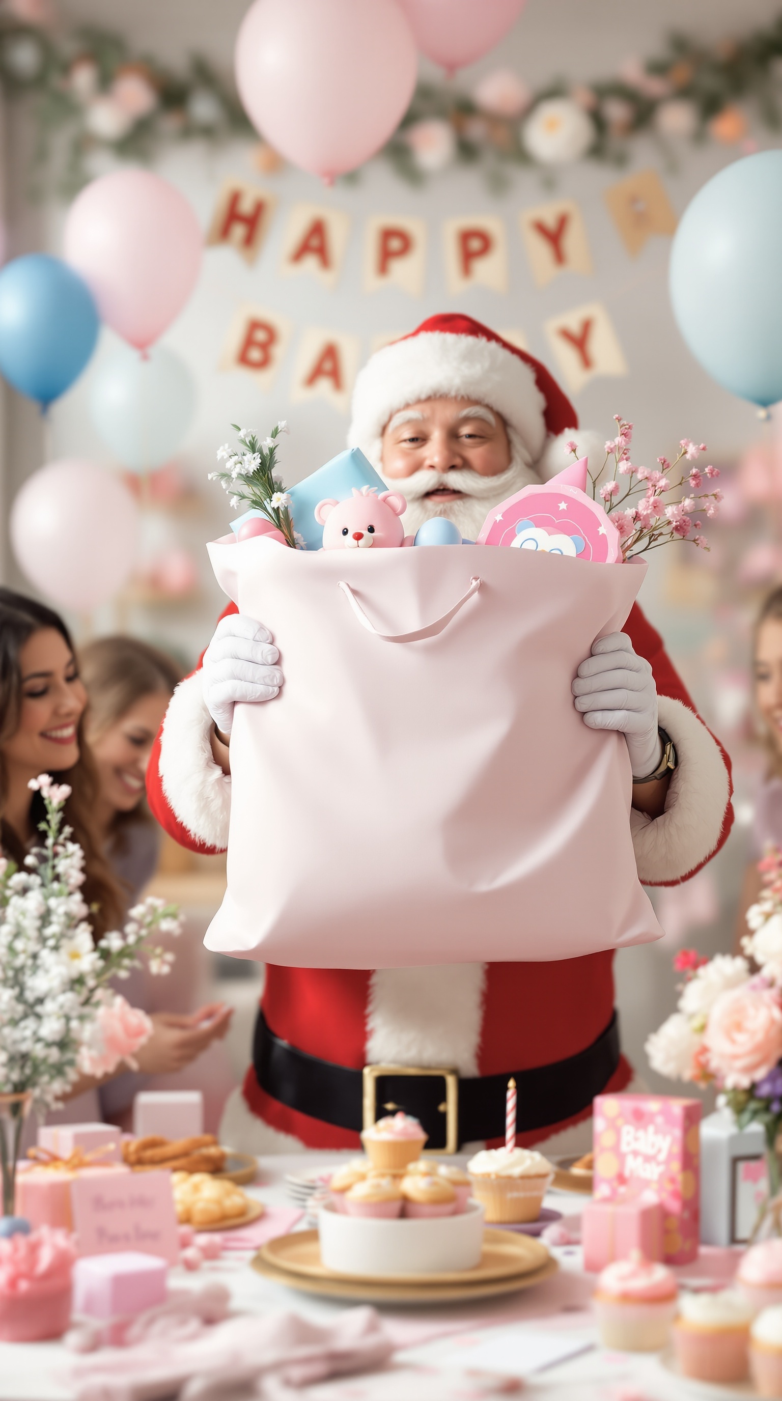 Santa holding a pink gift bag filled with toys and decorations for a gender reveal party.