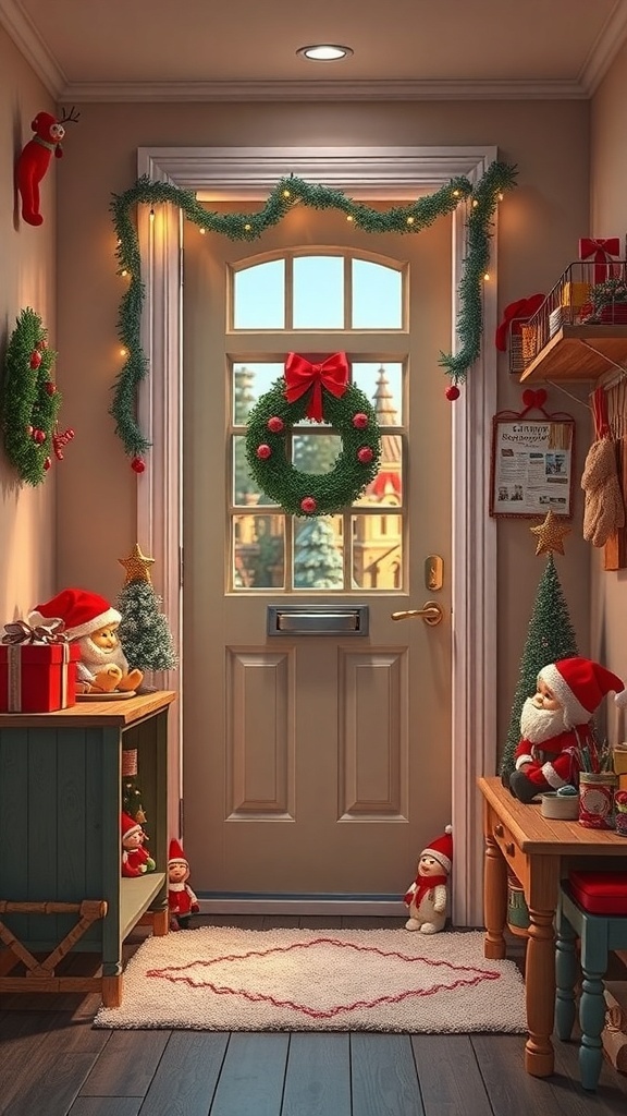 A festive entrance decorated for Christmas with a wreath, garlands, and Santa figurines.